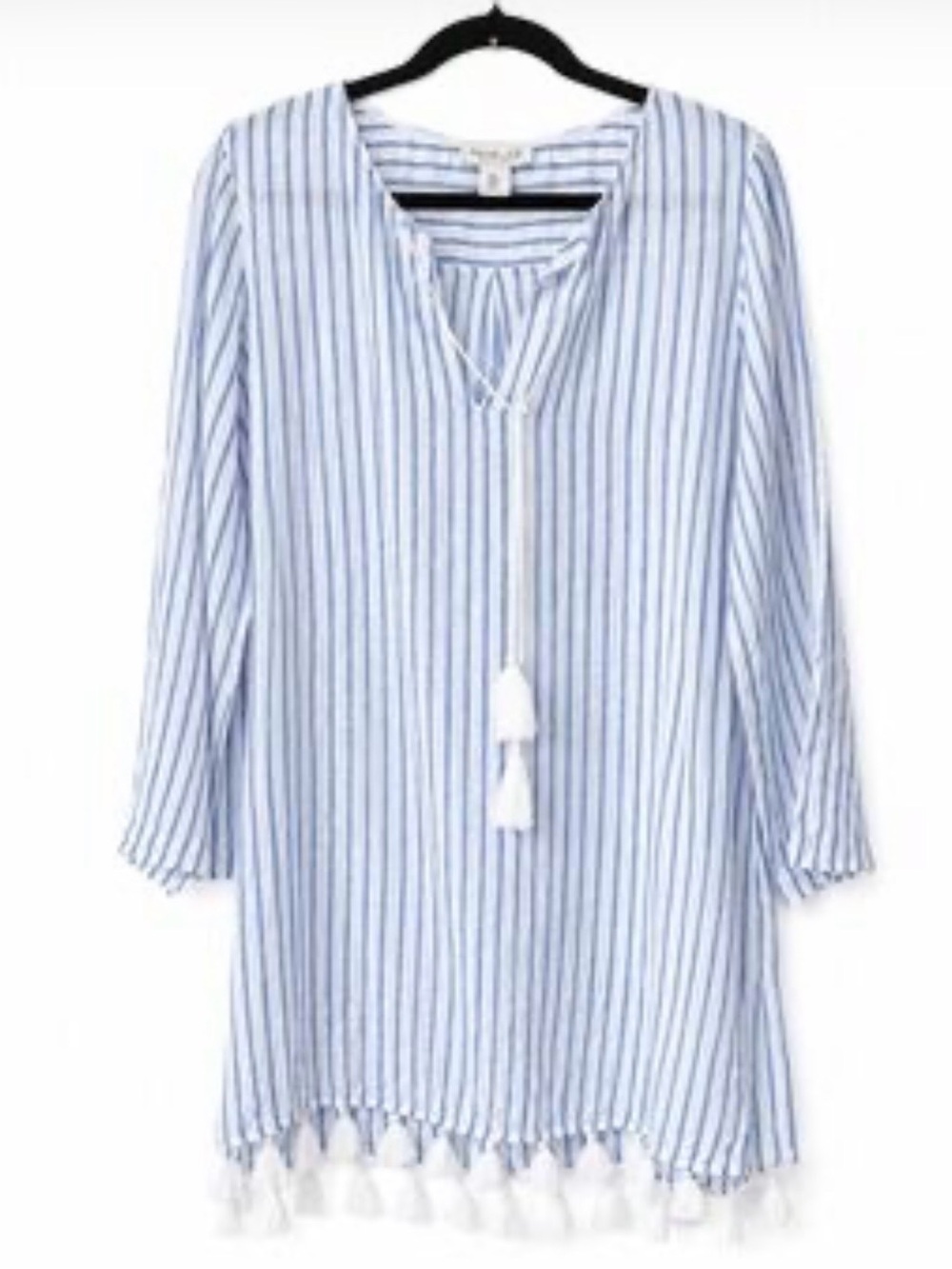 Rachel Zoe women’s Light Blue & White Striped Tassel Tunic size S 55%linen
